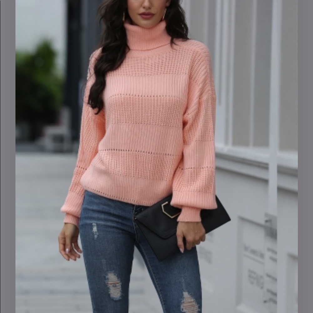 Pink Turtleneck Hollow-out Pullover Sweater